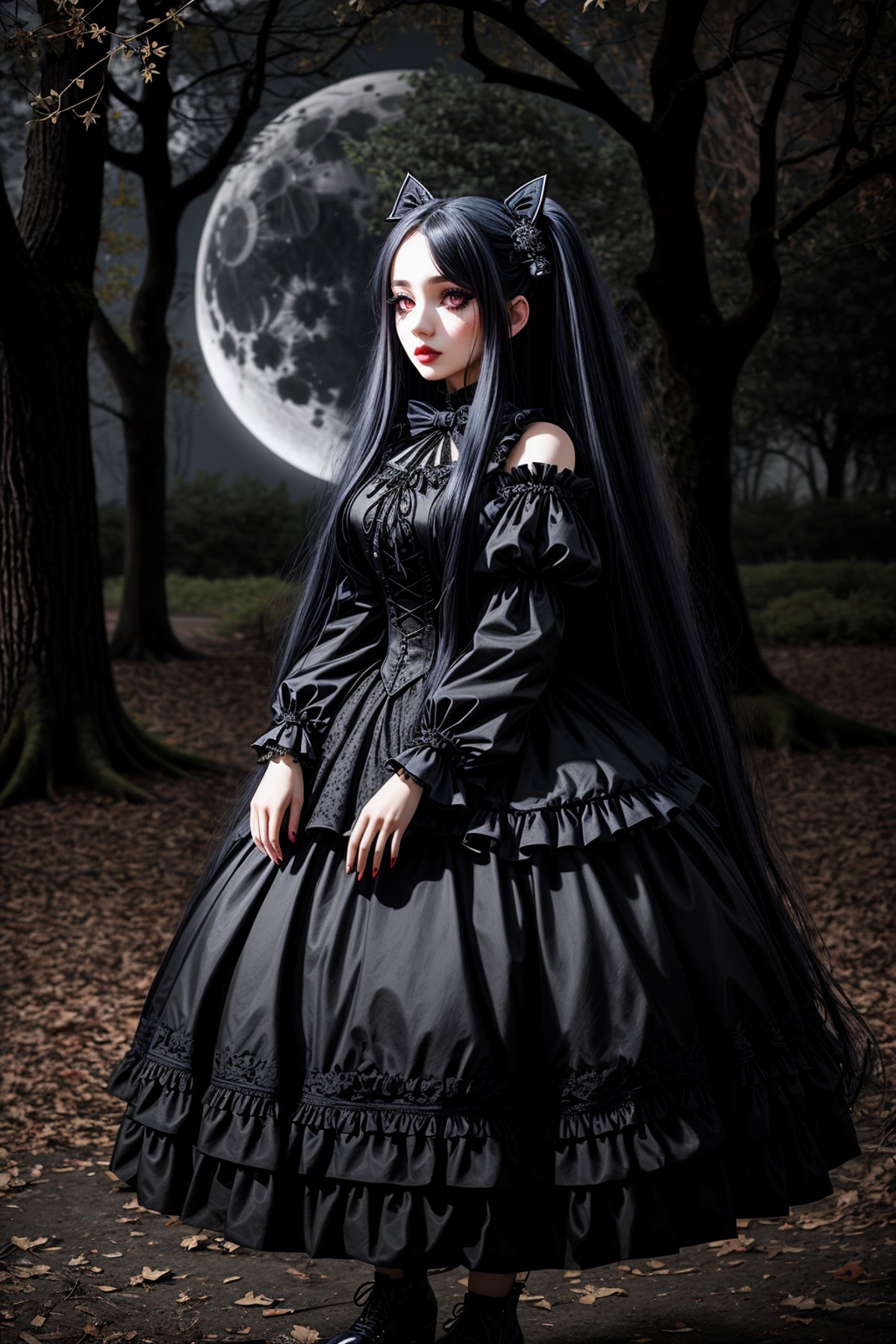 ((Masterpiece, best quality)), edgQuality,
GothGal, a woman with long hair and a dress posing for a picture next to a tree...